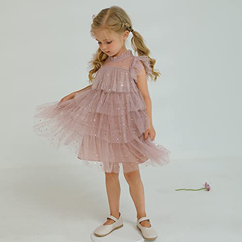 Ttyaovo Girls Little Stars Printed Layered Tutu Tulle Flower Princess Party Dresses 1270-A Pink Size(110) 3-4 Years #TOP5