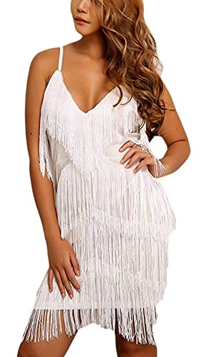 Image of Women 1920s Gatsby Flapper Dress Sexy Open Back Strap Fringed Cocktail Party Dress with 20s Accessories