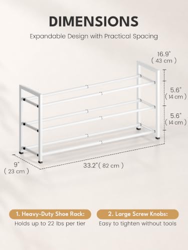 Image of Bumusty 3-Tier Expandable Shoe Rack for Closet, 18 inch-33 inch Adjustable Shoe Rack for Small Space, Small Shoe Organizer for Front Door, Sturdy Metal, White