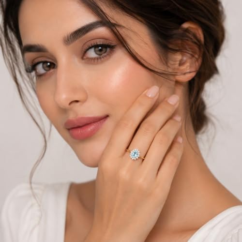 Image of Princess Diana Inspired Halo Birthstone Ring for Women Girls | Pure 925 Sterling Silver with AAA+ Natural Gemstone | 18K Gold-Plated | Best Gift for Birthday, Anniversary, or Valentine�s Day