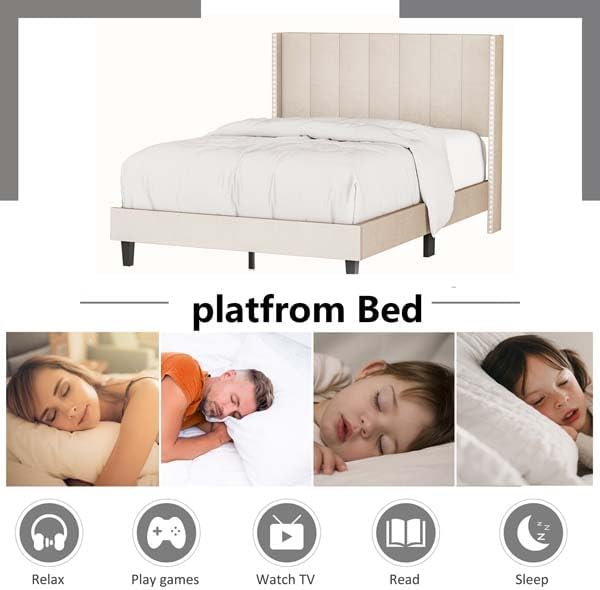Miniatura 7 de Cama de plataforma tapizada de terciopelo de tamaño matrimonial con cabecero capitonado de canal vertical, cama con plataforma de terciopelo moderna