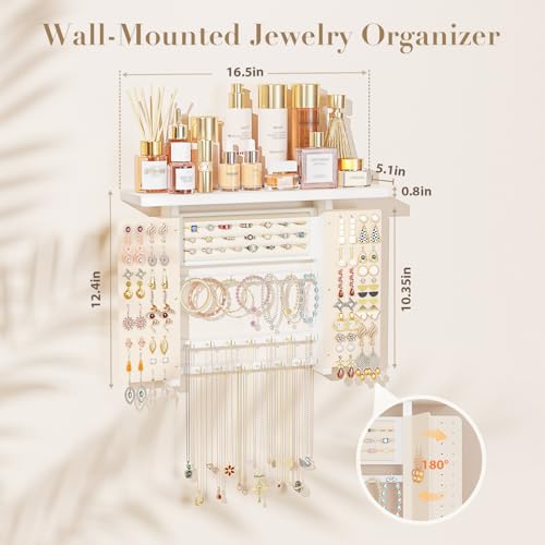 Emfogo Jewelry Organizer Wall Mounted, 5-in-1 Large Capacity Hanging Jewelry Holder for Necklaces, Earrings, Rings and Bracelets, Wall Display Storage Rack, White by Emfogo - Used condition - Image 4