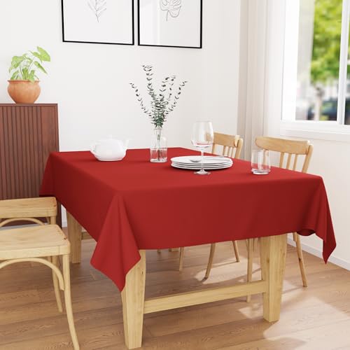 Image of Encasa XO Dining Table Cover Cloth for 4 to 6 Seater | 140x180 cm Cotton Canvas Rectangular Table Cloth | Machine Washable Tablecloth for Indoor & Outdoor Use - Deep Red Solid Color
