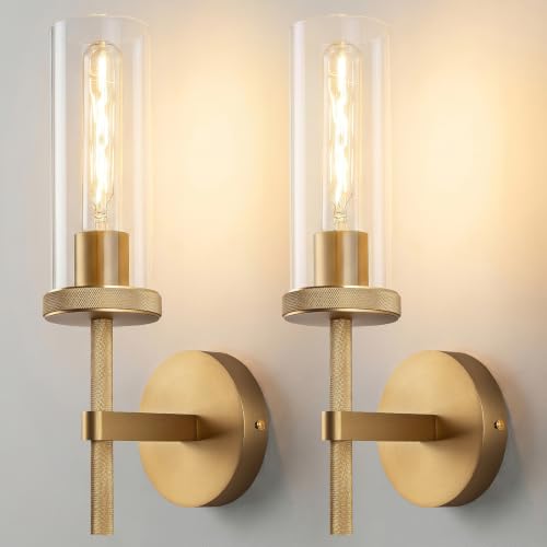 Micstar 15" Knurled Gold Hardwired Wall Sconces Set of 2, Bathroom Vanity Light Fixtures with Clear Glass Tube, Modern Lamp Lighting for Bedroom, Living Room, Hallway, Staircase, Mirror, Kitchen