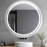 Clevich Round Bathroom Mirror with LED Lights 60x60/80x80cm, Anti-Fog, Circle Wall Mounted Bathroom Vanity Mirror with Memory, 3 Colour Dimmable, Explosion-Proof Glass, IP44 Waterproof (60L × 60W cm)