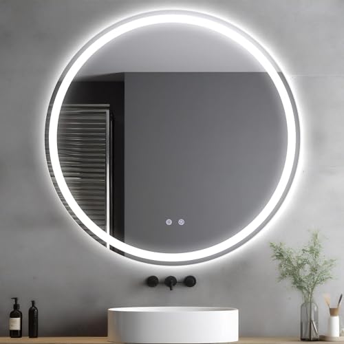 Clevich Round Bathroom Mirror with LED Lights 60x60/80x80cm, Anti-Fog, Circle Wall Mounted Bathroom Vanity Mirror with Memory, 3 Colour Dimmable, Explosion-Proof Glass, IP44 Waterproof (60L × 60W cm)