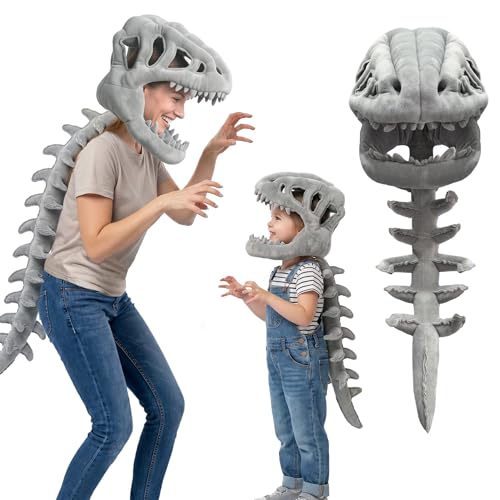 Aweberry 3D Plush Dinosaur Skeleton Costume Toys, Wearable Spinosaurus Skull Mask & Spine, Silly Dino Plush Skeleton Halloween Costumes Outfit for Cosplay Dress Up Costume Party Gifts