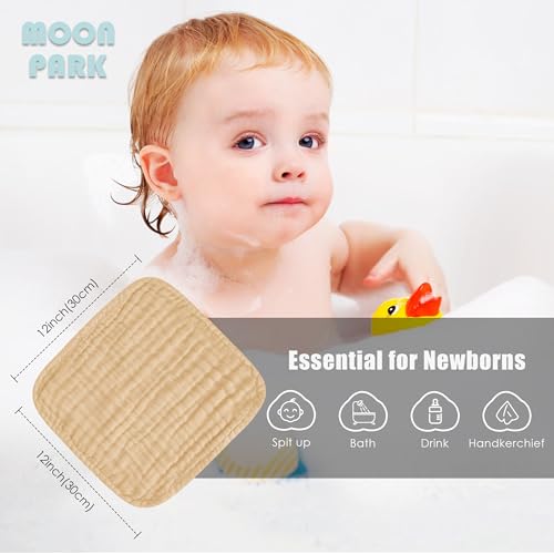 Image of MOON PARK Baby Washcloths, 12 Pack - 12x12 Inches, Small Burp Cloths and Baby Wipes - 100% Cotton Muslin Ultra Soft for Newborn, Infant and Toddlers - Brown