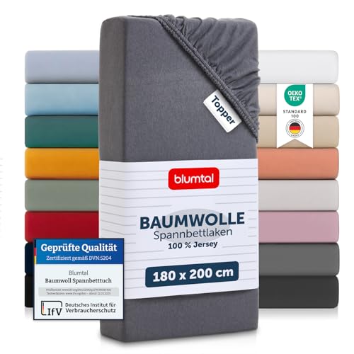 Blumtal® Basics Spannbettlaken Topper 180x200cm Jersey - Bettlaken aus 100% Baumwolle - Oeko-TEX zertifiziertes Spannbettlaken für Topper - Grau