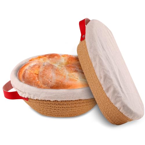 Yiomxhi Cesta de Fermentación para Pan, 2 Piezas Banneton Ovalado y Redondo Plegable de Cuerda de Algodón, Cestas de Prueba de Pan Juego con Forros y Cubiertas de Lino, Caqui