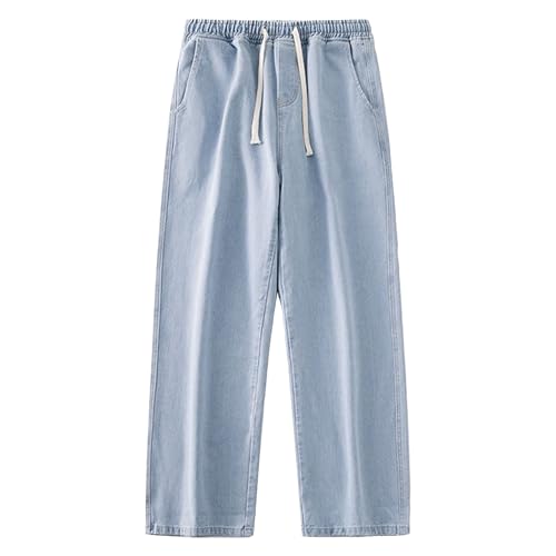 Qolkmuiy-GJ Men's Trendy Hip Hop Wide Leg Jeans Solid Loose Fit Denim Pants Elastic Waist Y2k Baggy Fit Jeggings (Light Blue,Small)