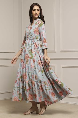 Image of Biba Women's Cotton 3 /4 Sleeves Calf Length Band Collar A-Line Floral Printed Casual Dress
