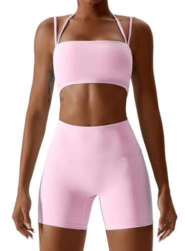 ABOCIW Workout Sets for Women 2 Piece Twist Front Halter Sports Bras High Waist Biker Shorts Exercise Gym Yoga Outfit