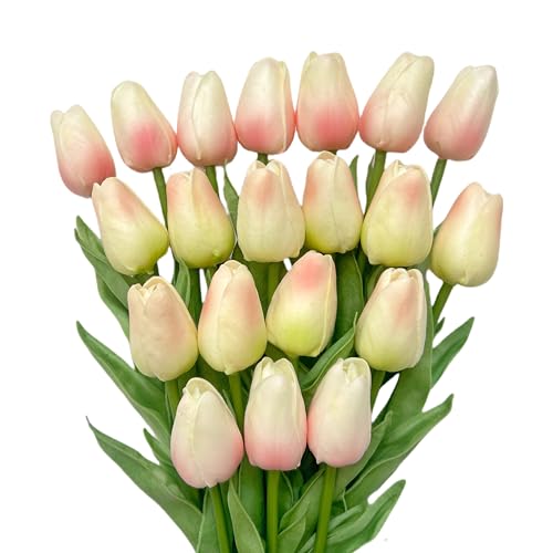 HEPENG 20 Tulipanes Artificiales de 32,5 cm, PU Real Touch, Flores Decorativas para Bodas, Hogar, Oficina, Fiesta, Mesa, Jardín, Navidad y Eventos en Interiores y Exteriores (Rosa y champán)