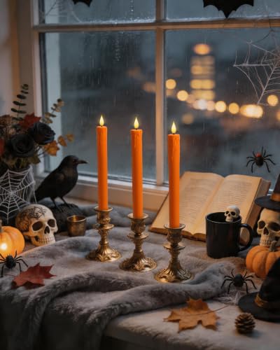 Image of Homemory Orange Flameless Taper Candles with Remote Timer, 9.6 Inch Real Wax Battery Operated Candlesticks, Flickering Warmer Light Led Tapered Candle 2 Pack for Halloween Home Decor