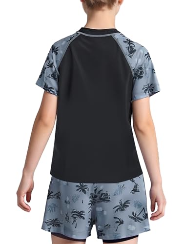 Kids Boys 2Pcs Short Sleeve Swim Top with Double Layers Shorts Coconut Tree Print Sun Protection Swimwear2