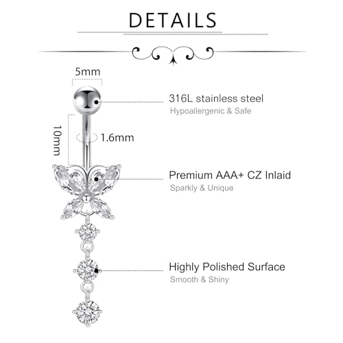 D.Bella Belly Rings for Women Belly Button Piercing Clicker Belly Button Ring Belly Button Rings Dangling 14G Surgical Steel CZ Butterfly Dangle Belly Piercing Jewelry Silver Rose Gold2