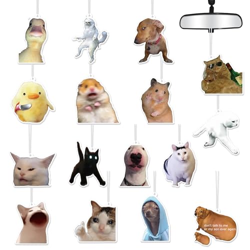 5wsech Funny Meme Car Air Fresheners - 16Pcs Cute Cat Dog Animals Freshener Hanging Ornaments for Women Men Interior Air Essential Fragrant Pendants for Birthday Party Gift Car Mirror Home Wardrobe