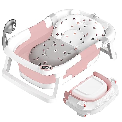 Image of NAPEI Collapsible Baby Bathtub for Infants to Toddler, Portable Travel Bathtub Multifunctional Bathtub with Drain Hole, Baby Folding Bathtub for Newborn 0-36 Month,Dark Pink