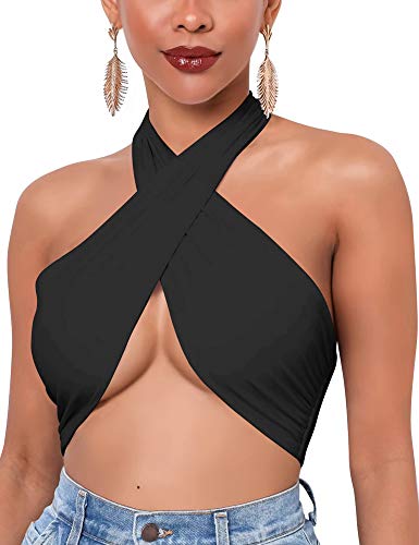 Mokoru Women's Sexy Sleeveless Halter Criss Cross Tank Crop Tops Self Tie Backless Cami2
