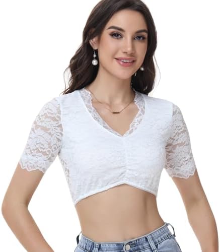 Ahigh Dirndl Bluse Damen Spitze Blumen Dirndlbluse Weiß Schwarz u.a. V-Ausschnitt Dirndl Blusen Kurzarm Elegant Trachtenbluse für Oktoberfest & Festliche Anlässe Größe 34-46