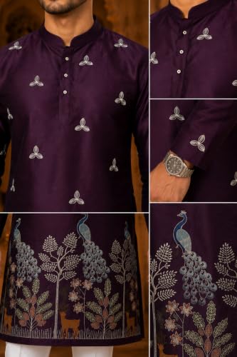 Generic Men’s Wine Satin Embroidered Straight Kurta, Large - Image 8