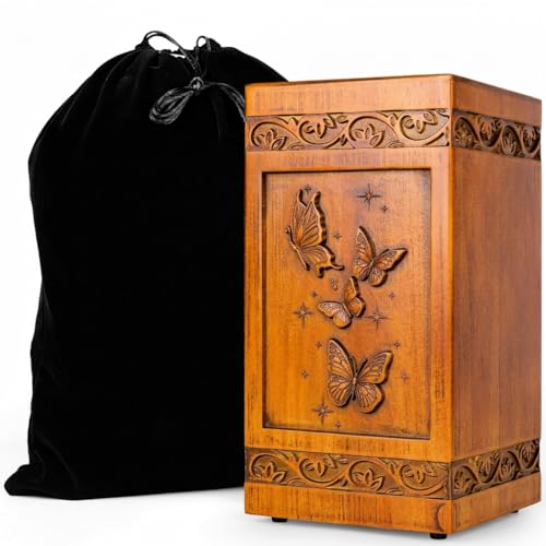 LZAP Large Wooden Cremation Urn for Human Ashes Adult Handcrafted Butterfly & Floral Engraving Funeral Urn for Mother Father Men & Women Display at Home or Niche at Columbarium 270 Cubic Inches