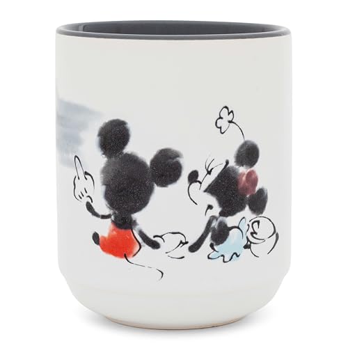 Disney Mickey and Minnie Mouse Watercolor Sunset Asian-Style Ceramic Tea Cup - Traditional Japanese-Inspired Mug Without Handle - Holds 9 Ounces