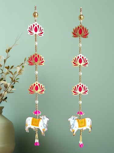 Image of Handcrafted Decorative Wall Decor for Ganpati Diwali Navratri and Pooja Setup Ethentic Hanging for Home Decor Festival Decoration for Home Entrance and Mandir Temple Decor (2 Hanging) (Lotus Cow)