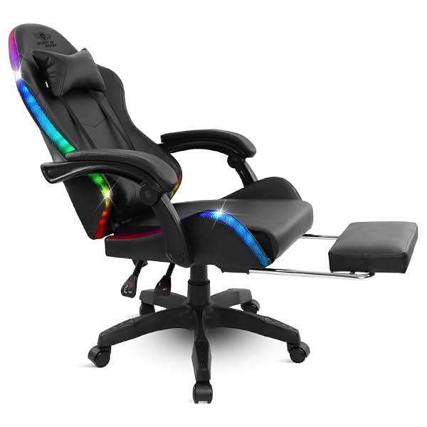 Spirit Of Gamer - Sirius, ergonomiczne krzesło do gier RGB ze sztucznej skóry, 2 poduszki w zestawie, oparcie odchylane od 90° do 135°, siedzisko z regulacją wysokości, podnóżek, maksymalne obciążenie
