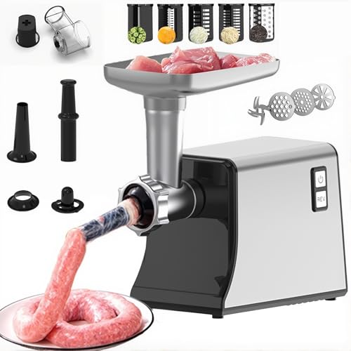 Molinillo eléctrico de carne, 8 cuchillas y boquilla de enema, protección contra sobrecalentamiento, perfecto para picar carne, picar verduras, hacer salchichas y rallar verduras en casa