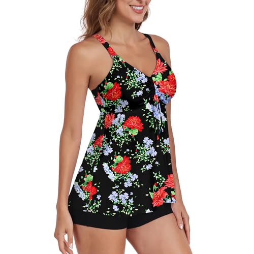 Jollkichay Tankini Swimsuits For Women Tummy Control Bathing Suit Athletic Two Piece Swimsuit Modest Tankini Top With Boyshort Swimming Suits 2 Piece Bathing Suit For Women Black Red Flower X-Large thumb #4