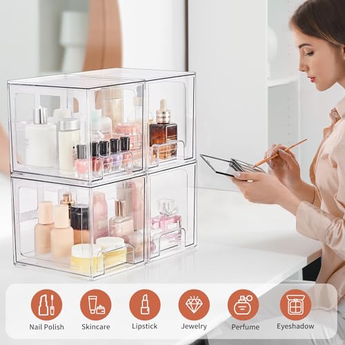 4 Pack Stackable Makeup Organizer Drawers, Acrylic
