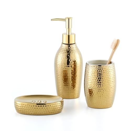 Juego de dispensador de jabón dorado, juego de accesorios de baño de cerámica de 3 piezas, jabonera de baño y juego de tazas de lujo (punto de agua)