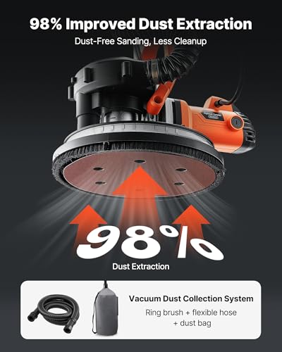 Image of VEVOR Drywall Sander, 1150W Electric Drywall Sander, Popcorn Ceiling Removal Tool with Vacuum Dust Collection, 5 Variable Speed 800-1700 RPM, LED Light, Foldable & Extendable Handle, 15 Sanding Discs