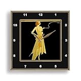 3dRose DPP_39590_2 Art Deco Lady with Gold Frame Wall Clock, 13 by 13-Inch, Black