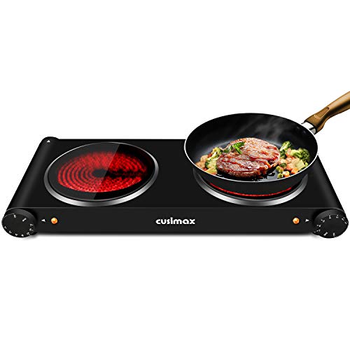 Double Hot Plate, CUSIMAX 2400W Electric Infrared Hotplate with Dual Temperature Controls, Portable Ceramic Electric Stove for Home, Camping and Caravan, Cooktop Burner Compatible for All Cookwares