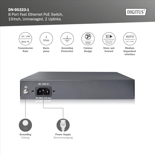 Digitus Switch Di Rete Fast Ethernet Poe+ - 19 Pollici - 8 Porte + 2X Uplink RJ45 - Ieee802.3Af/At - 120W Power Budget - Nero - 3