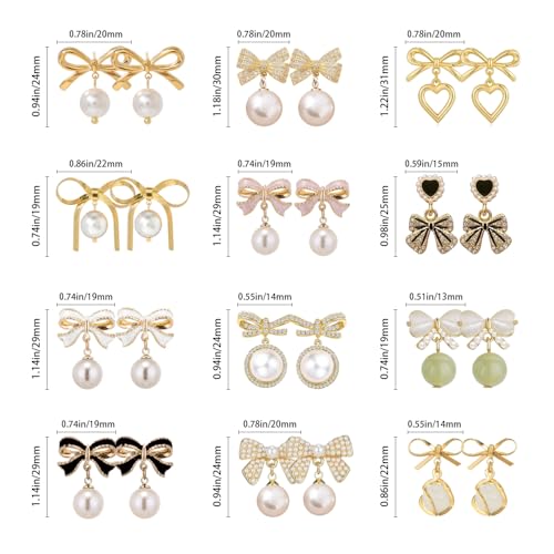 12 Pairs of Women's Bow Earrings Pearl Rhinestone Drop Dangle Earrings Dainty Trendy Earrings Wedding Party Jewelry Gifts4