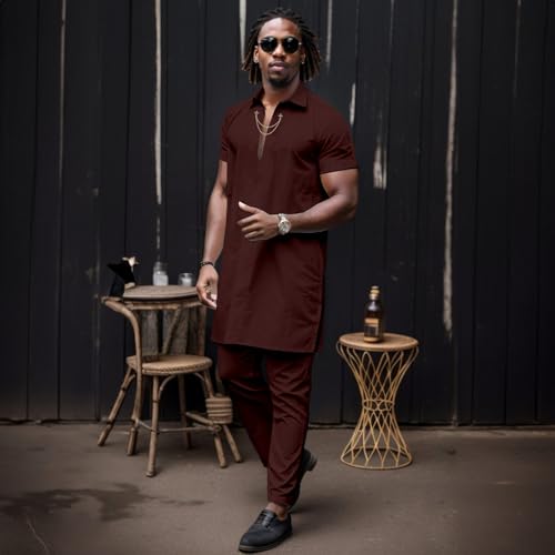 Men’s 2 Piece Suit Set Casual Short Sleeve Dashiki Chain Shirt and Pants Outfit Loose African Tracksuit2