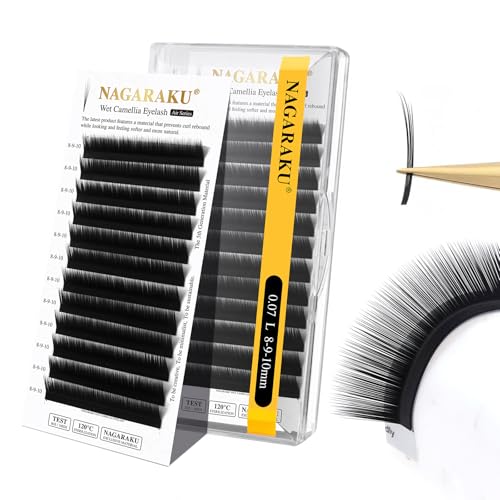 NAGARAKU Wet Camellia Eyelash Extensions Mega Volume 0.07L 8-9-10 | 3 Multi-Lengths Individual Lashes, Wet Wispy Flower Look, Matte Black Faux Mink Soft Natural, Pre-Glued Base, Salon Use
