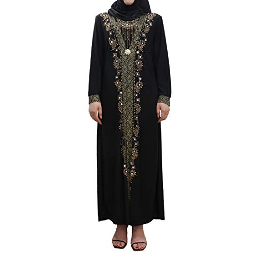 Women Muslim Dress Middle East Arabian Robe Islamic Abaya Long Sleeve Rhinestones Embroidered Cardigan Dress (Type A, L)