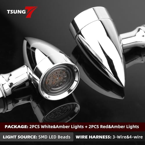 Image of TSUNG Universal Motorcycle LED Turn Signals Lights Small Bullet Front Rear Blinkers Tail Lights for Cruiser Chopper Bobber Cafe Racer Street Bike (4PCS-Chrome)