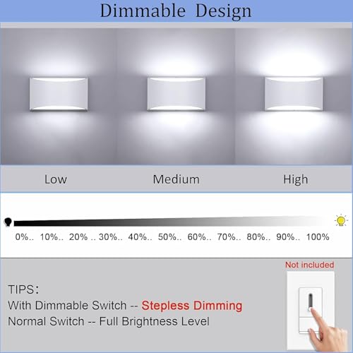Image of Lightess LED Wall Sconces Set of 2, White, Dimmable | Hardwired Indoor, Up Down Wall Mount, 6000K Cool White, for Living Room Bedroom Hallway