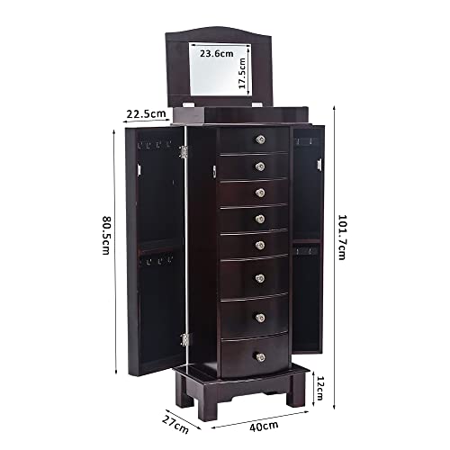 Jewelry Armoire Cabinet With Flip Top Mirror And Compartments - Large Standing Jewelry Chest With 8 Drawers - 2 Side Swing Doors With 16 Necklace Hooks - Wooden Jewelry Storage Box Organizer - Brown #TOP1