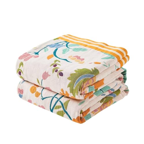 Image of XIBLC Boho Throw Blanket for Bed, 100% Cotton Soft Rustic Quilt Fall Blanket, 50 inchx60 inch Yellow Floral Printed Farmhouse Decor Bed Blankets, All Season Rustic Reversible Bohemian Throw Quilt