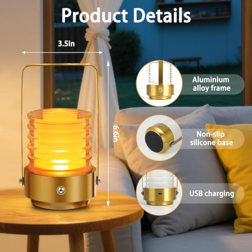 Image of NYRWANA Lantern Rechargeable Glass Table Lamp | 2000mAh Battery | USB-C Charging | Touch Control | Stepless Dimming | Warm LED Bedside Portable Lamp for Bedroom, Living Room, Home Decor (Metal)