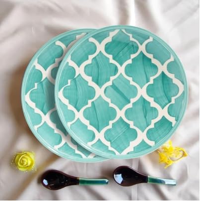 Shipnetic Moroccan Print Green Ceramic Plates Set of 2, Microwave & Dishwasher Safe, Dinner Serving Plates for Dessert, Appetizer, Salad, Sandwich, Snacks, Fruits for Daily Use & Gifting.(7.28 INCH) 3