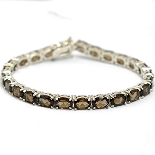 Oval Cut 7x5mm Smoke Brown Natural Smoky Quartz June Birthstone 15.50ct. Gemstone 925 Sterling Silver Unisex Tennis Bracelet