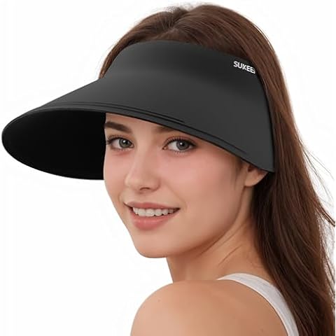 Sukeen Wide Brim Sun Visor for Women Men,UPF50+ Seamless Sun Hats Foldable Ponytail Beach Hats for Daily Outdoor Activities Black Cover